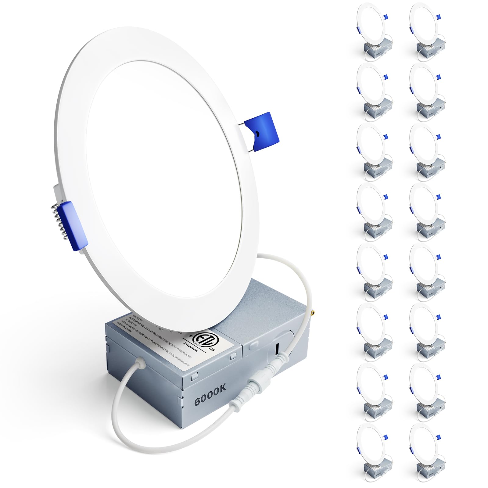 Photo 1 of Ensenior 16 Pack 6 Inch LED Recessed Ceiling Light, Dimmable, 6000K Clear White, 1050LM 12W 120V, High Brightness Canless Wafer Downlight - ETL&FCC&IC