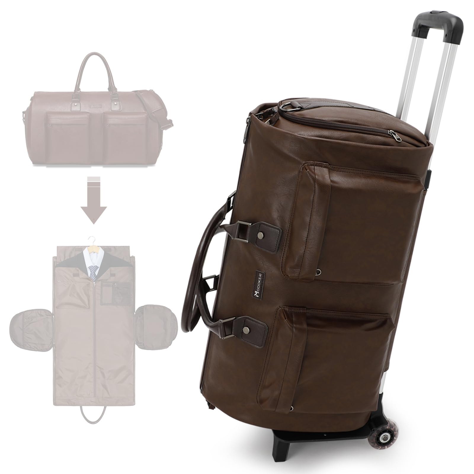 Sac De Voyage à Roulettes Modoker – Cuir Marron – Convertible Et Cabine – Neuf