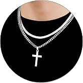 RUOOUY Cross Necklace for Men Stainless Steel Layered Snake Chain Cuban Link Chain Set 16-24 inch Christian Religious Jewelry Valentine's Day Gifts for Boyfriend