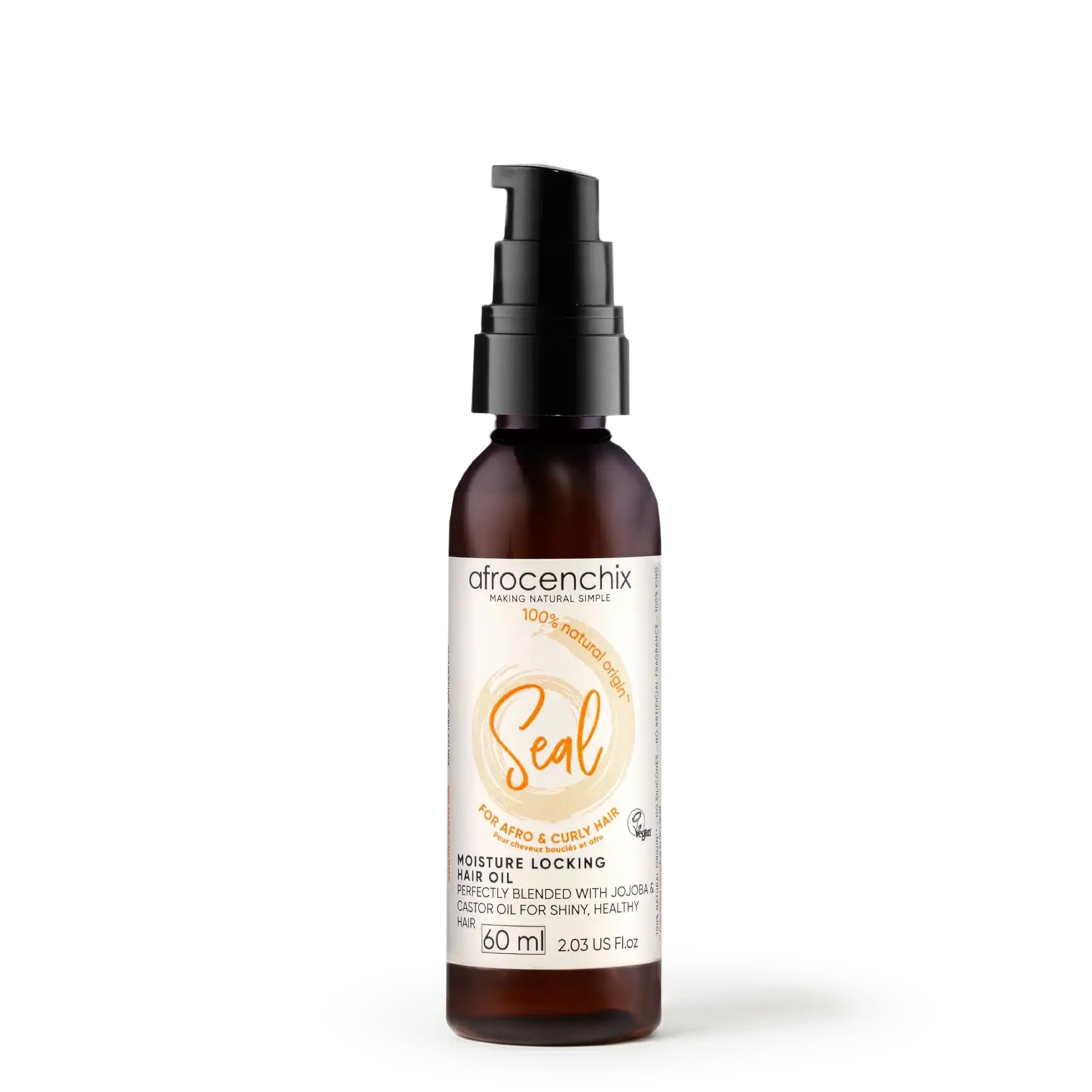 Afrocenchix Seal Hydrating & Moisturising Hair Oil, with jojoba, coconut & castor oil extracts to Control Frizz, Strengthen, Repair, & Add Shine to Dry & Damaged Hair, Vegan & Sulphate Free, 60 ml