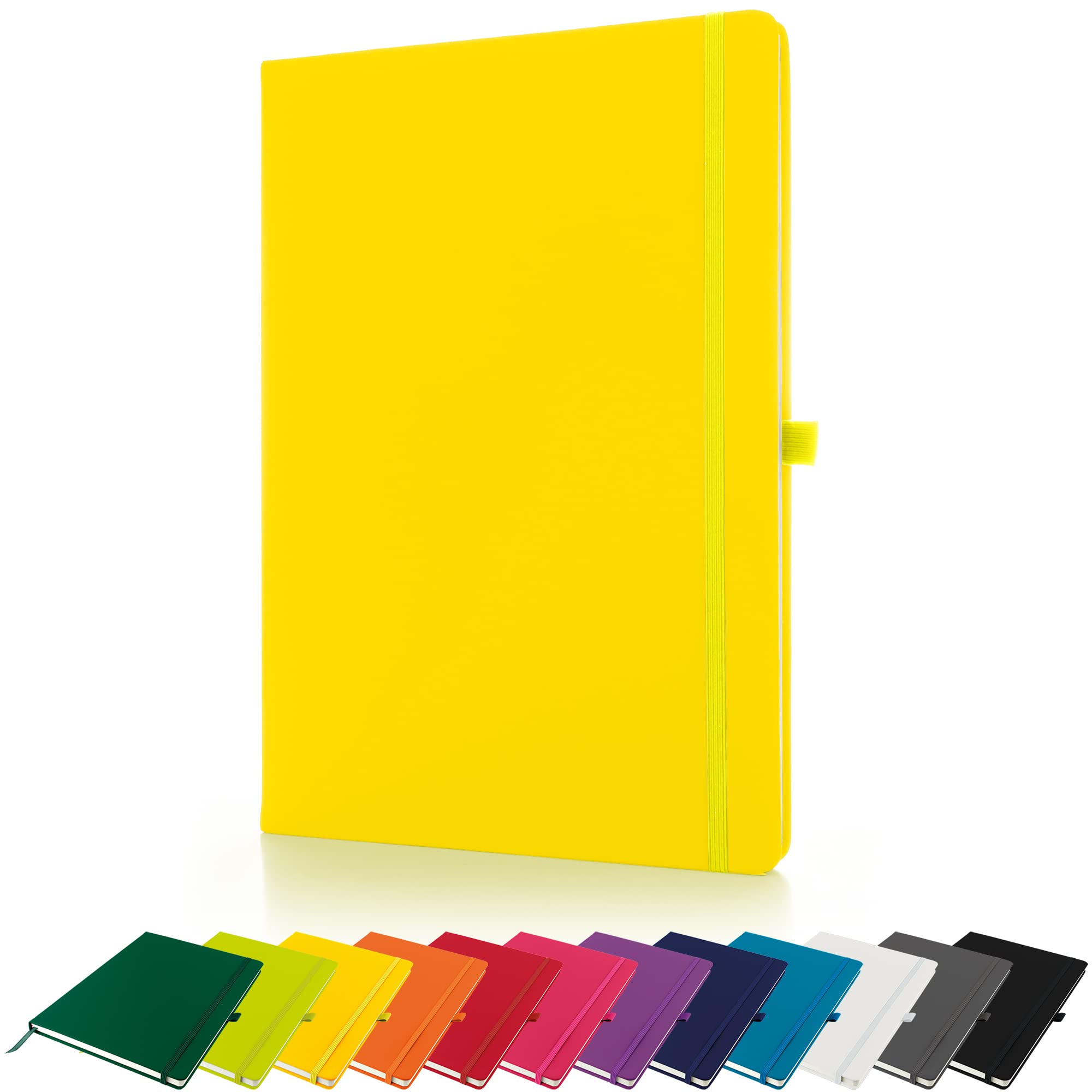 Savvy Bee Premium A4 Notebook New Lined Hardback Journal with Pen Loop, Elastic Closure and Ribbon Marker Notepad Note Book Notes Pad (Yellow)
