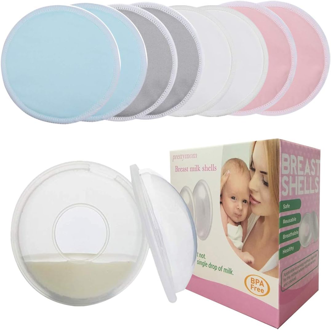 Reusable Bamboo Fiber Nursing Pads and Breast Shells Milk Saver Nursing Cups - Include 8 Bamboo Nursing Pads and 2 Nursing Cups