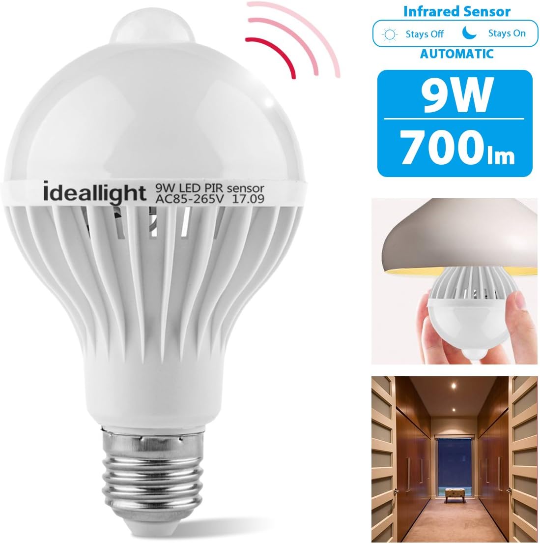 Motion Sensor Light Bulb 9W Smart LED Lighting Lamp Dusk to Dawn Light Bulb PIR Motion Detector Light E26/E27 Auto On/Off Night Light for Hallway Stairs Basement Porch Garage