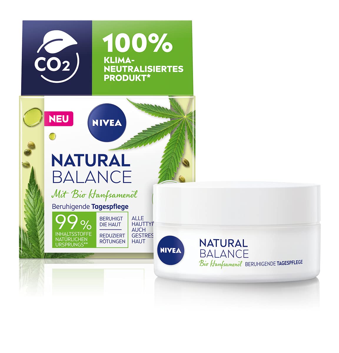 NIVEA Natural Balance Organic Hemp Seed Oil Soothing Day Cream (50 ml), Moisturising Cream with Organic Hemp Seed Oil, Jojoba and Almond Oil, Face Cream Reduces Redness