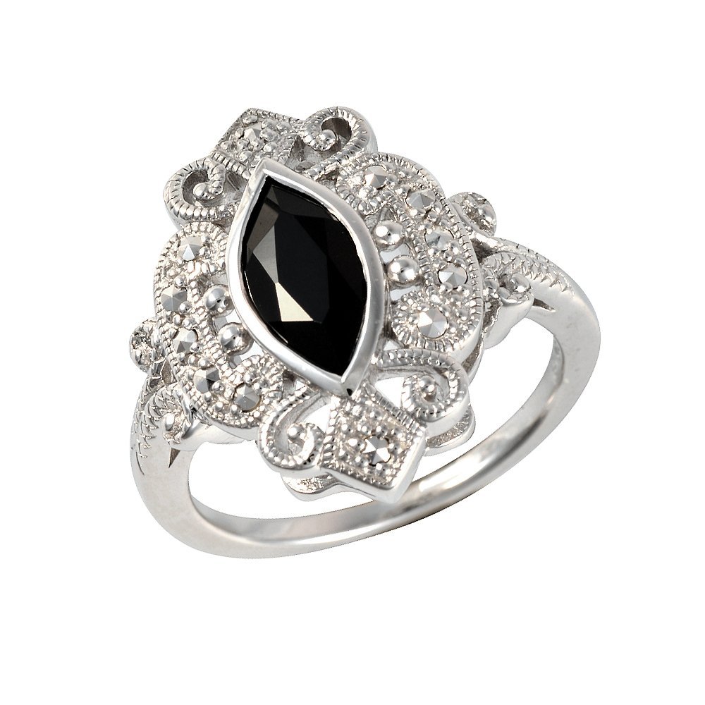 Esse Marcasite Sterling Silver Rhodium Plated Marquise Cut Black Spinel & Marcasite Victorian Dress Ring - Size P