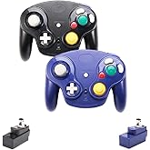 VTone Wireless Game Cube Controller, 2 Pieces 2.4G Wireless Classic Gamepad with Receiver Adapter for Wii Game Cube NGC GC (Black and Dark Blue)