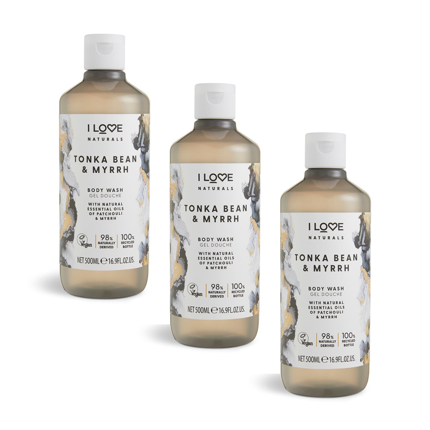 I Love Naturals Tonka Bean & Myrrh Nourishing Body Wash - Patchouli & Myrrh Oils, Gentle Cleanser with Essential Oils, Vegan, Moisturising & Scented for Silky Smooth Skin 2 x 500ml