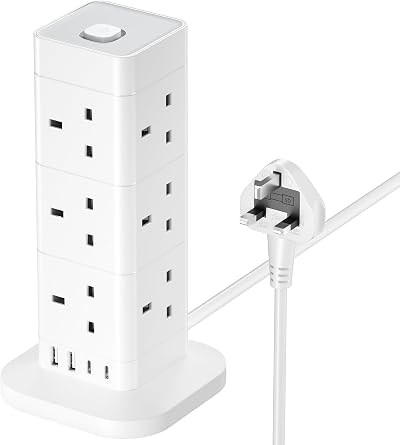 hotimy 12 Way Tower Extension Lead with USB Ports 4 USB 2A-C 3250W 13A