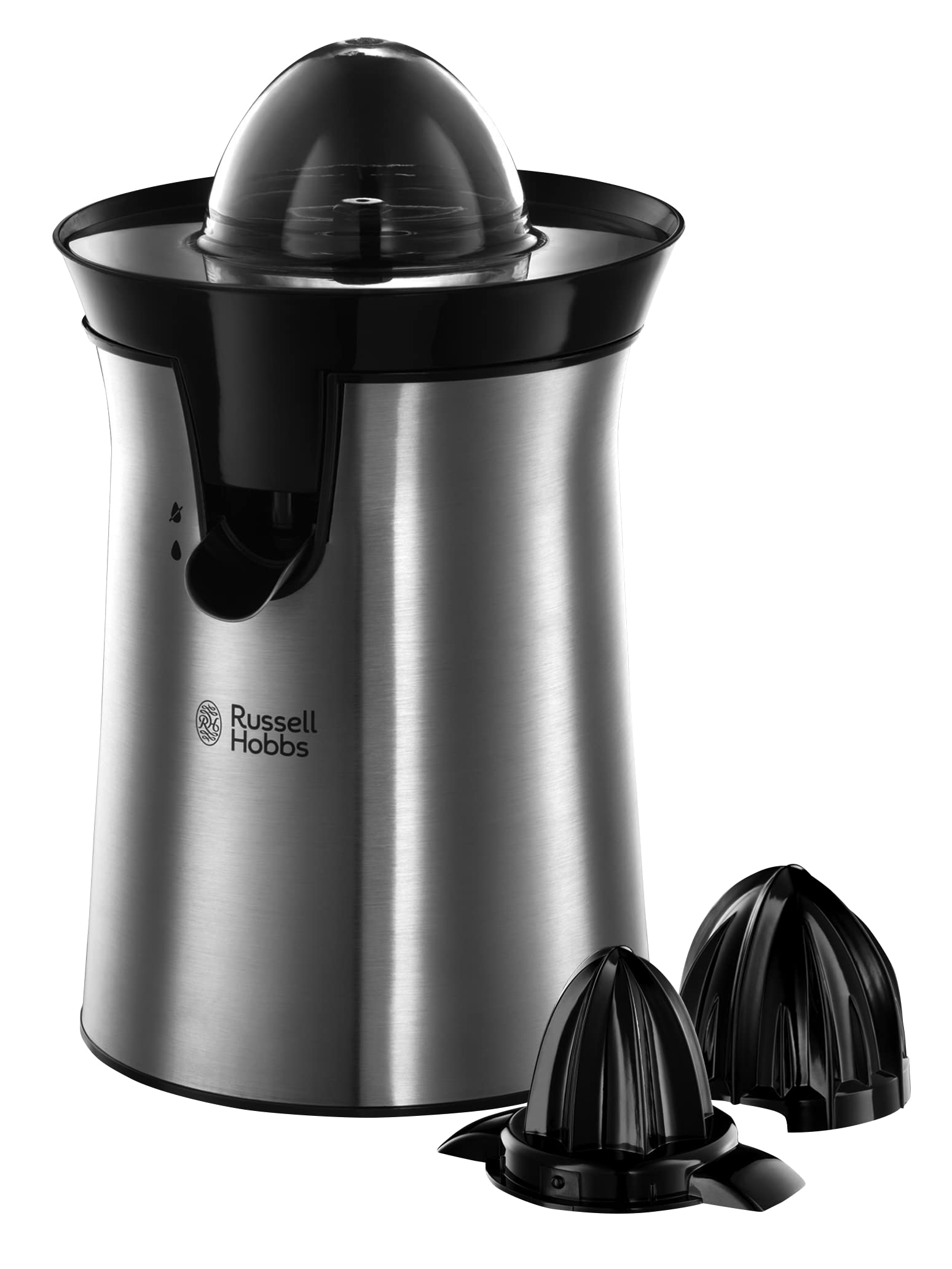 Russell Hobbs Orangenpresse & Zitruspresse elektrisch [links-& rechtsrotierend, 2 Presskegel für Zitronen/Orangen] Edelstahl (Tropf-Stopp-Funktion, spülmaschinenfest, BPA-frei) Saftpresse 22760-56 8