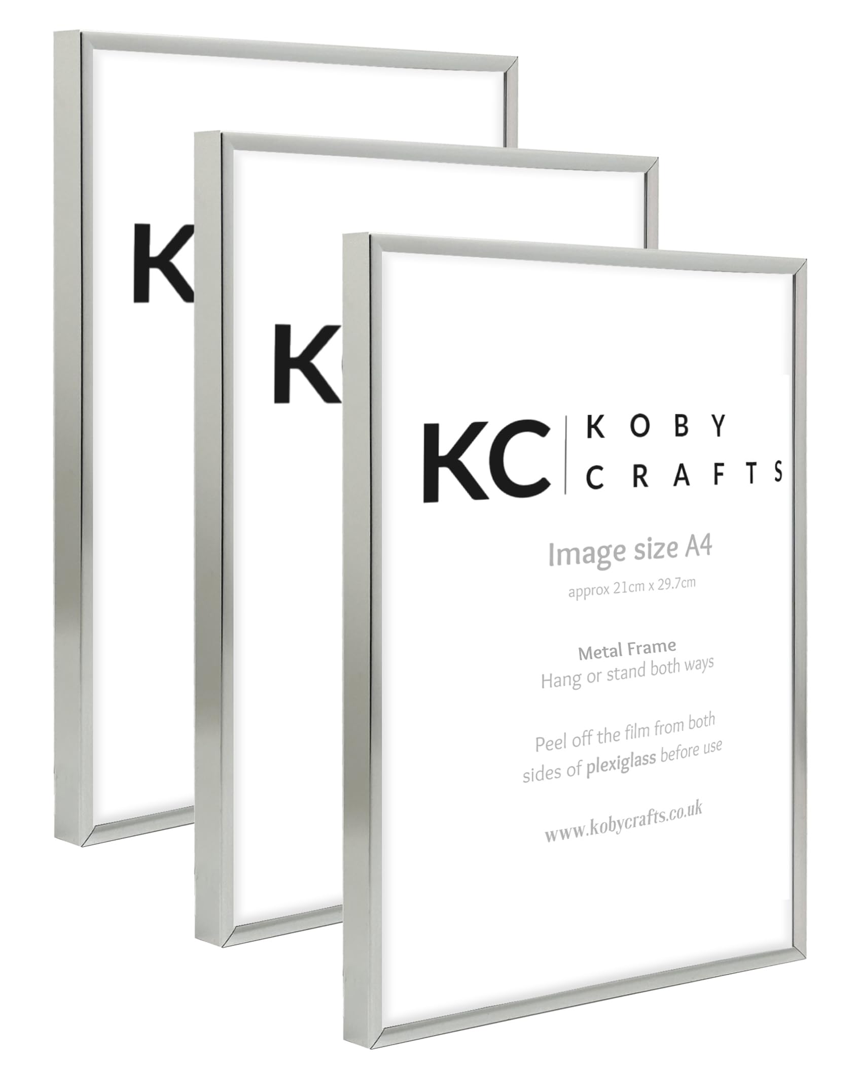 Koby Crafts Pack of 3 Silver Picture Frames for A4 Images 21x29.7cm | 3 Pack Aluminium Metal Photo Frames | Tabletop or Wall Mount, Free Stand or Hang Portrait/Landscape