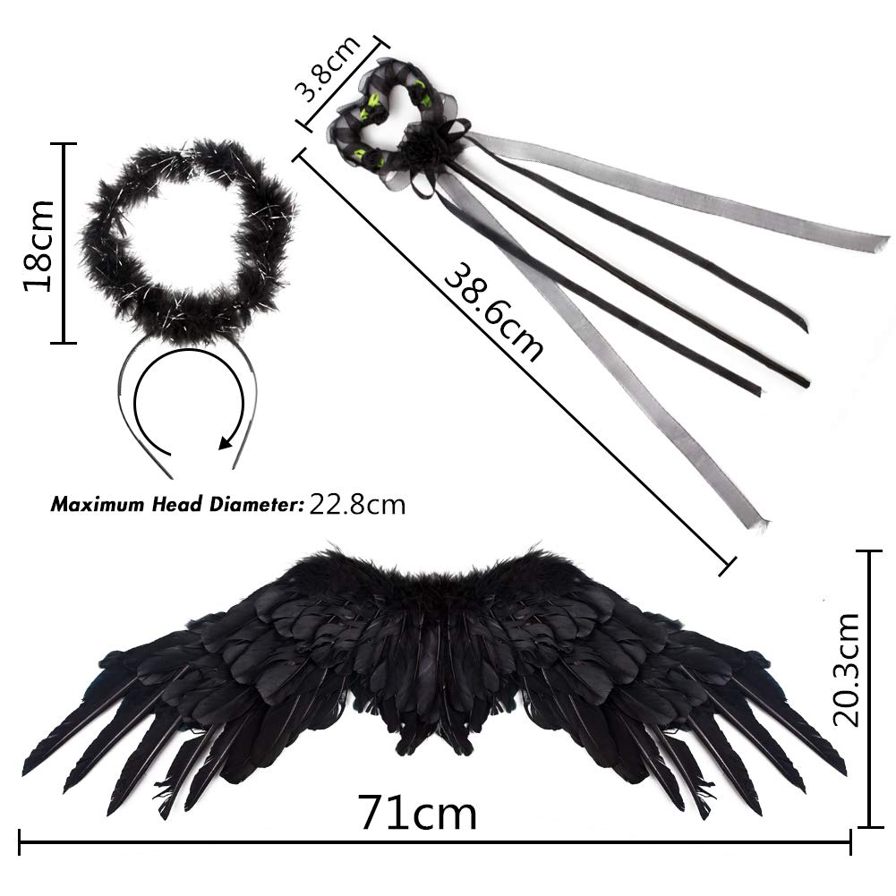 Koogel Black Angel Fairy Wings with Halo, Dark Angel Halloween Fancy Dress Costume for Kids Girls Halloween Cosplay Party