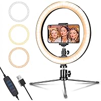 LED Ring Light 10" with Tripod Stand & Phone Holder for Live Streaming & YouTube Video, Dimmable Desk Makeup Ring Light for Photography, Shooting with 3 Light Modes & 10 Brightness Level