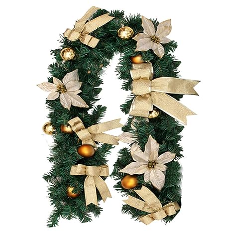 Zhongye 6ft Christmas Garland Bow Flowers Ball Ornaments Stairs