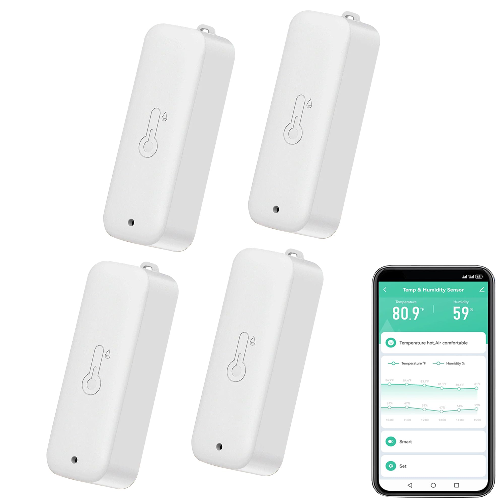 Smart Hygrometer Thermometer: Waterproof Humidity and Temperature Sensor Gauge with App Alert Notification, Indoor and Outdoor Self Magnet WiFi Temperature Sensor, Compatible with Alexa (4PCS,White)
