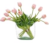 DUYONE 15Pcs Artificial Tulips Flowers, Soft Touch Realistic Latex Tulips Bouquet for Home Office Wedding Party Garden Decor, Fake Flowers for Dining Table Living Room Spring(Light Pink,15pcs)