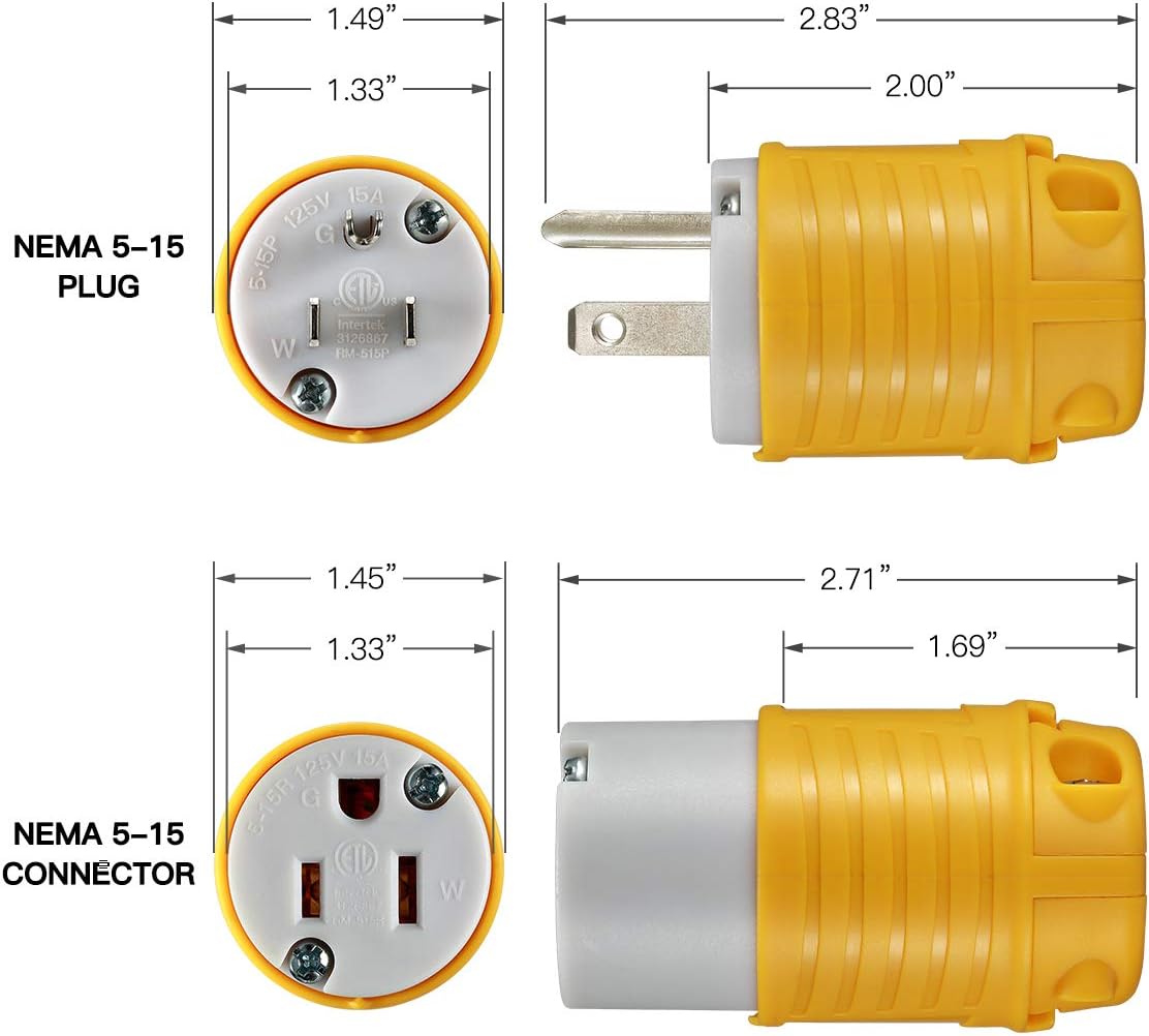 Miady Extension Cord Ends Male and Female, 15 Amp 125 Volt Heavy Duty Replacement Plug & Connector Set, Straight Blade Plug Grounding Type/ETL listed (5 SET) - - 