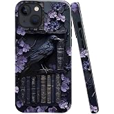 TnXee Case Compatible with iPhone 13,Fall Prevention Bright Hybrid 2-Layer Hard Shell Phone Case for Girls Boys,Purple Floral Crow Bookshelf