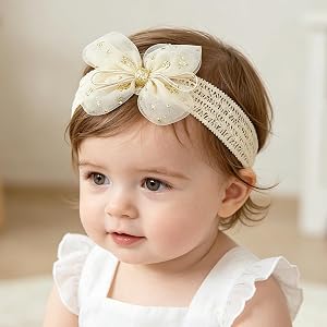 Yheahin Baby Girl Lace Bow Headband Elastic Soft Tulle Hair Band with Rhinestone Pearl Cute Infant Toddler Hair Accessories f