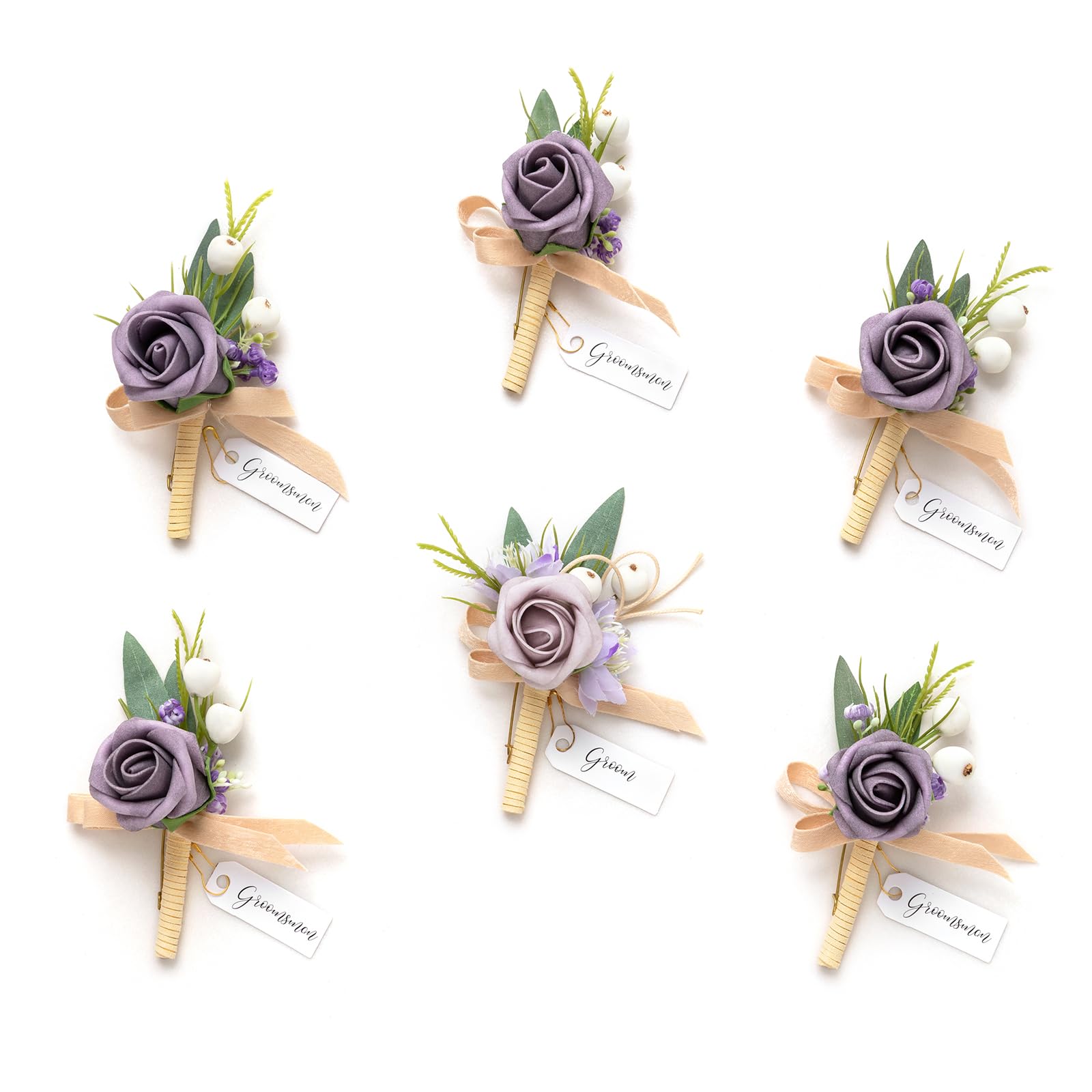 Ling's moment Boutonniere for Men, 6pcs Groom Groomsmen Boutonniere, Artificial Flowers for Wedding Decor/Prom/Homecoming, etc.Lilac Berry Image