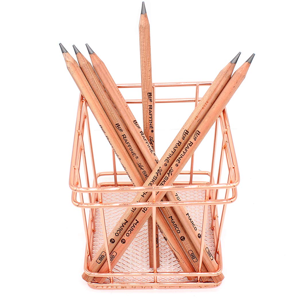 Gullor Square Pencil Holder Metal Desk Organizer Makeup Brush Holder Pencil Cup, Copper, Rose Gold