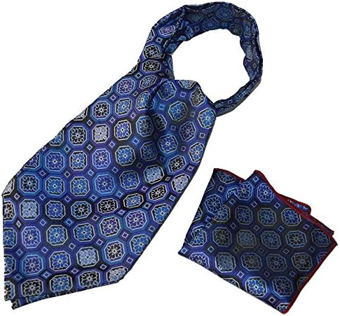 Men's Flower Jacquard Woven Self Cravat Tie Ascot Pocket Square Handkerchief Set (Blue)