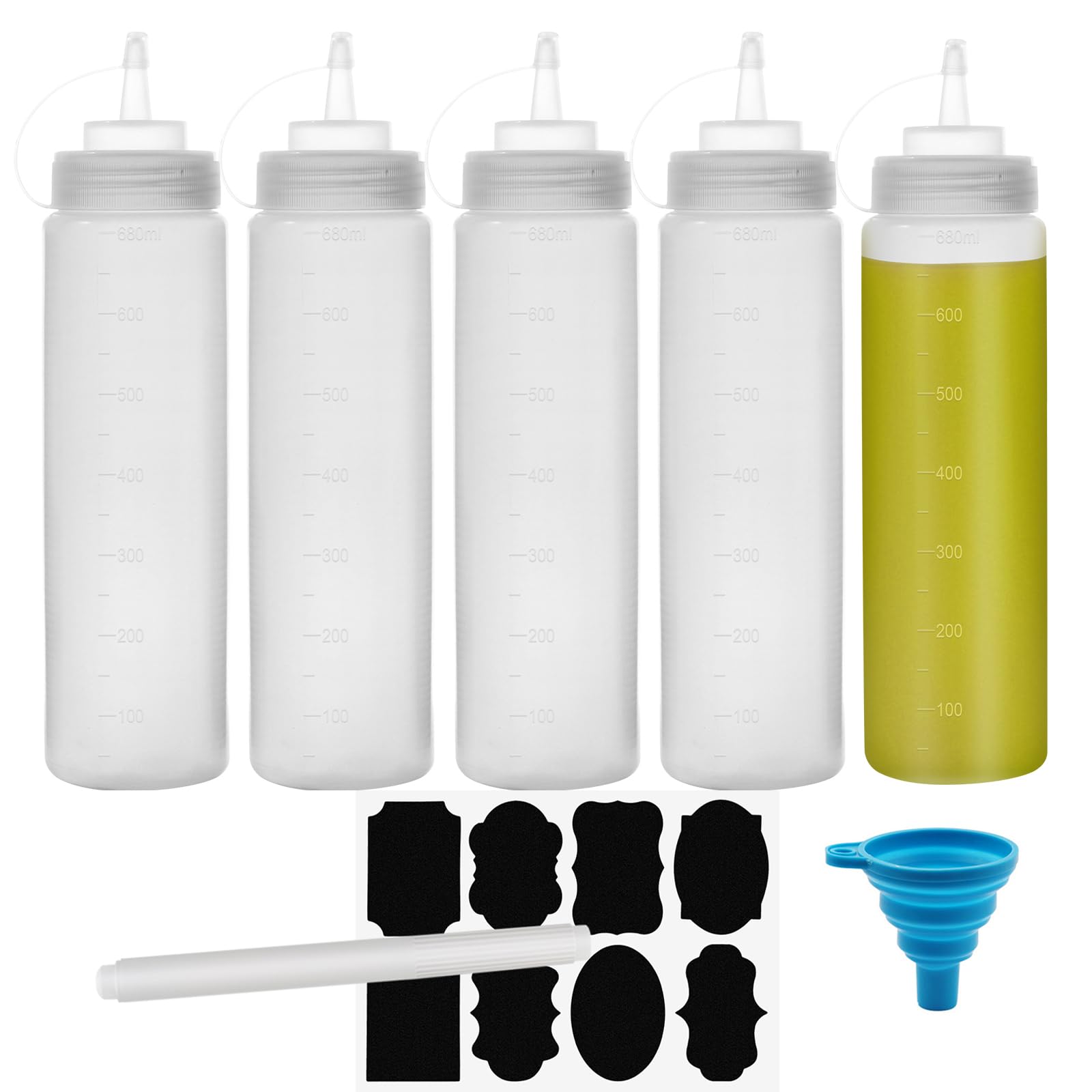 Chetexus 22oz Squeeze Bottle, 5 Pack 680ml Condiment Squeezy Sauce Bottles, Plastic Squeeze Dispensers with Measurements for Ketchup, BBQ, Sauces, Syrup, Dressings