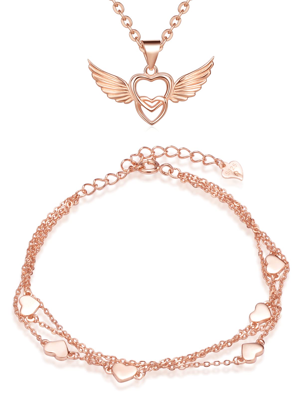CPSLOVE Necklace and Bracelet for womens and girls, 925 Sterling Silver Jewellery Sets, Angel Wings Heart Necklace Pendant, Three Layer Chain Heart Bracelet, Rose gold
