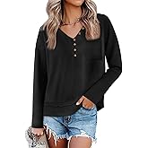 Tankaneo Womens V Neck Henley Shirts Casual Long Sleeve Flowy Tees Cute Loose Fit Tops with Pocket