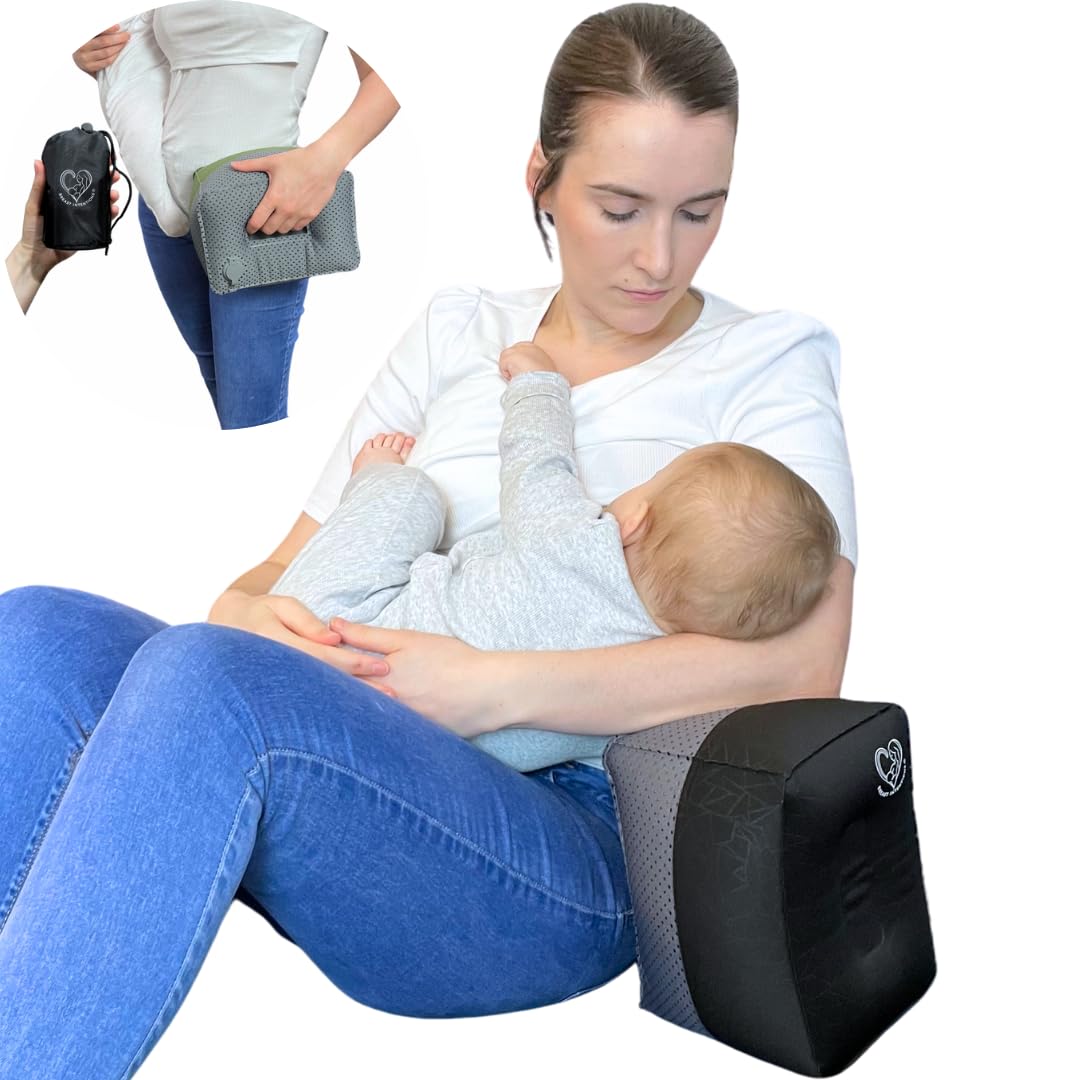 Breast Intentions ® Portable Breastfeeding Pillow, Inflatable Arm Support for Nursing & Bottle-Feeding, Adjustable Height & Firmness, Feeding Support Block +1 Storage Pouch (Black and Grey)