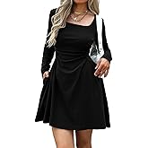 Mieazom Women's Square Neck Long Sleeve Mini Dress Ruched Waist Corset Fall Dresses Slim-Fit with Pockets