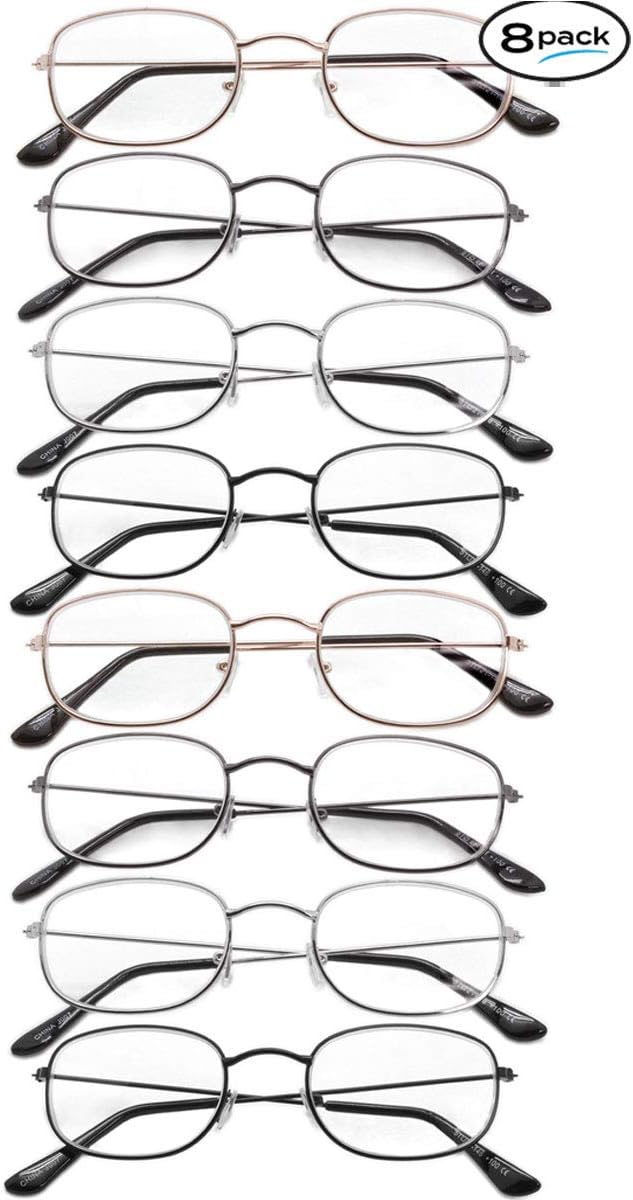 Suncrush 8 Pairs Round Metal Frame Reading Glasses Quality Fashion Men Women Unisex Classic Style Frames [ 2.00]
