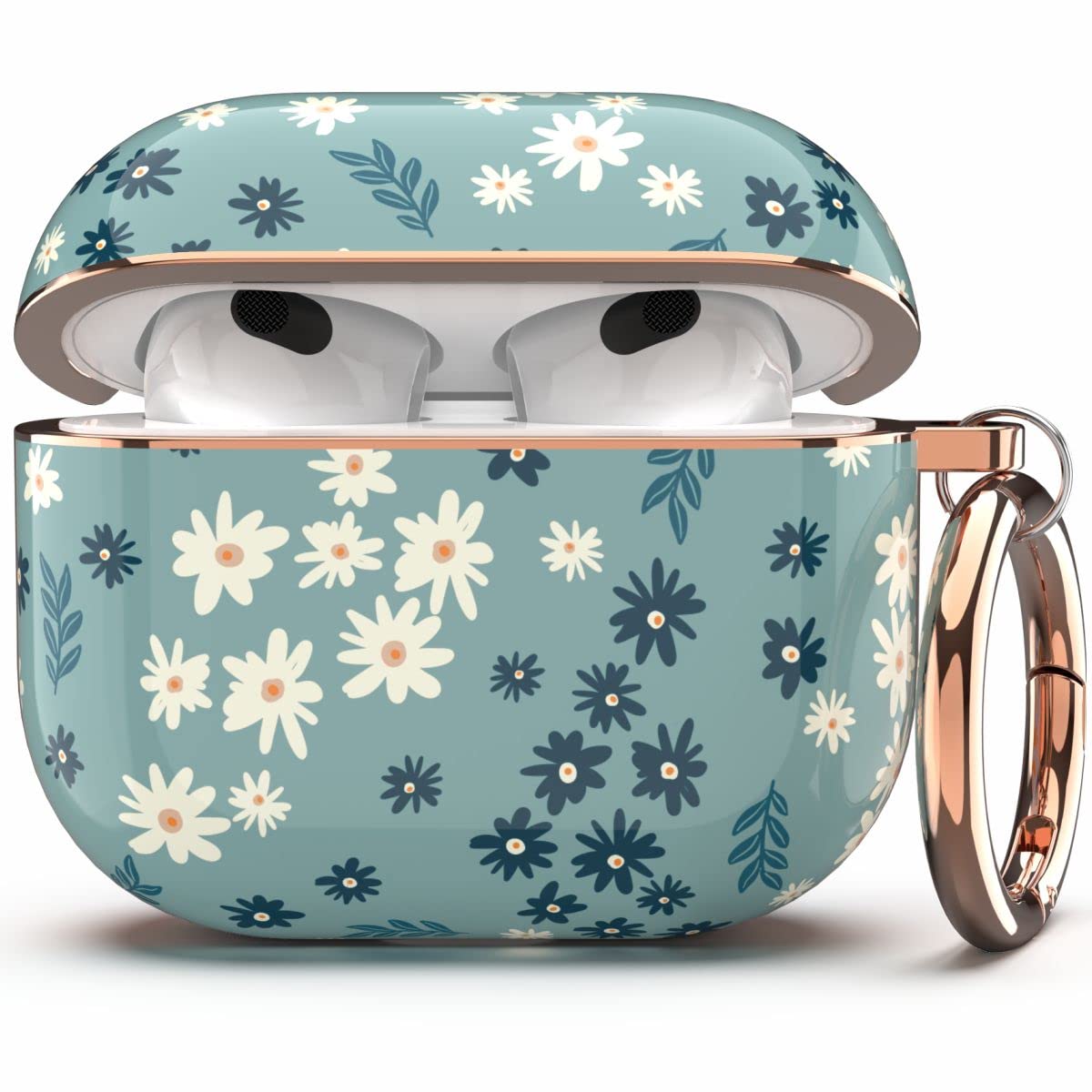 Photo 1 of TATOFY Case Cover for AirPods 3, AirPods 3 Case for Women, Flora Protective Hard Case with Carabiner, Led Visible, Wireless Charging Compatible (Cyan)