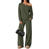 Locoowai Women's 2 Piece Off the Shoulder Lounge Set | Lightweight Long Sleeve Shirt, Wide Leg Pant with Pockets, Casual Airport Outfit, Matching Loose Sweatsuit, Trendy Fall Wear