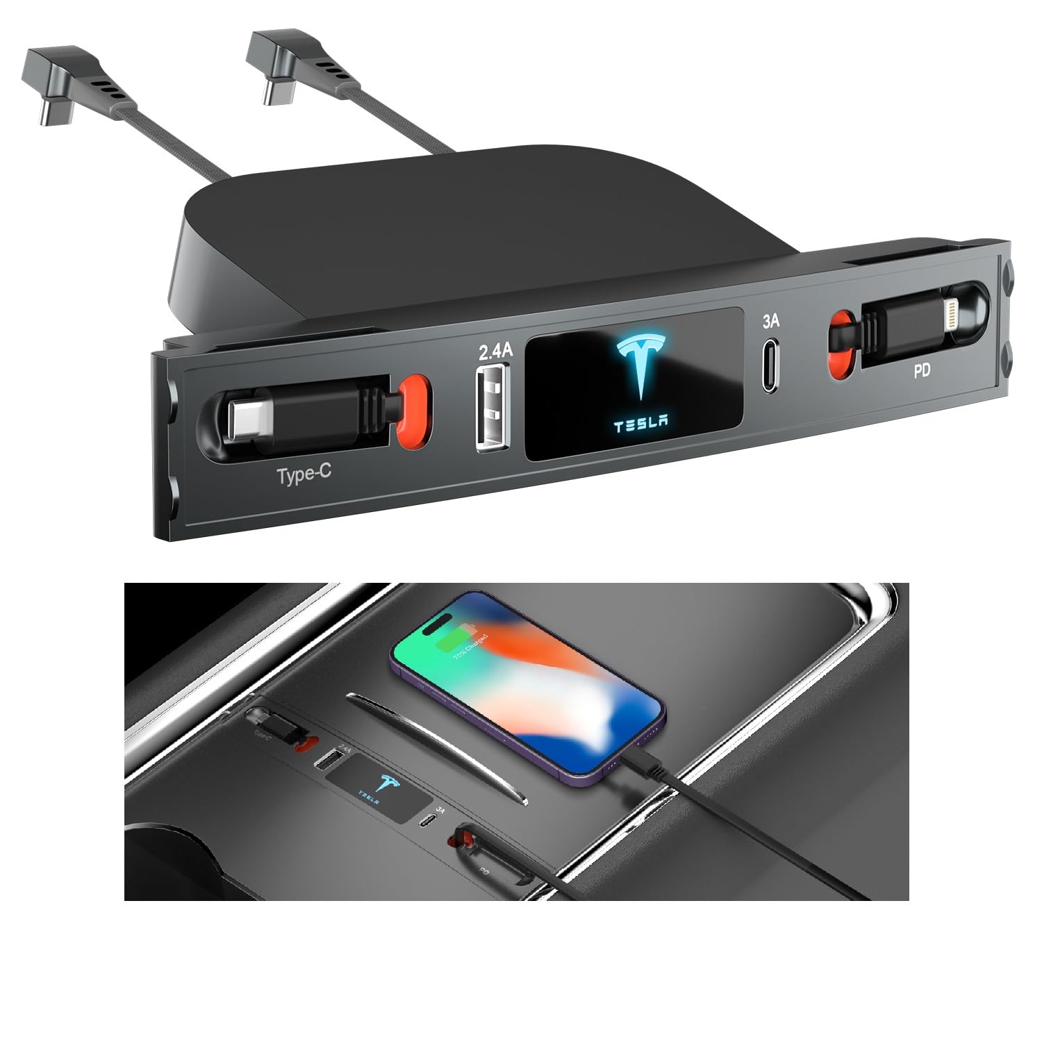 Photo 1 of Cewpuno Tesla USB Hub for 2021 2022 Tesla Model 3 Model Y, Retractable Hub Docking Station with Fast Charging Cable Multi Port,Tesla Accessories Docking Station of Center Console for Model 3/Y