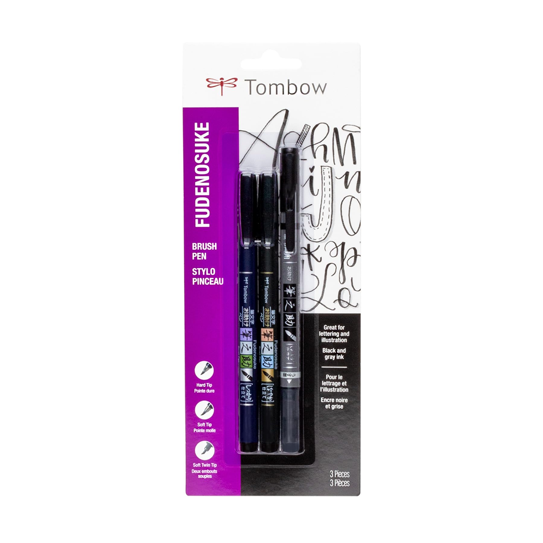 Tombow 62039 Fudenosuke Rotuladores con pincel, paquete de 3. Marcadores suaves, duros y de punta doble para caligrafía y dibujos artísticos