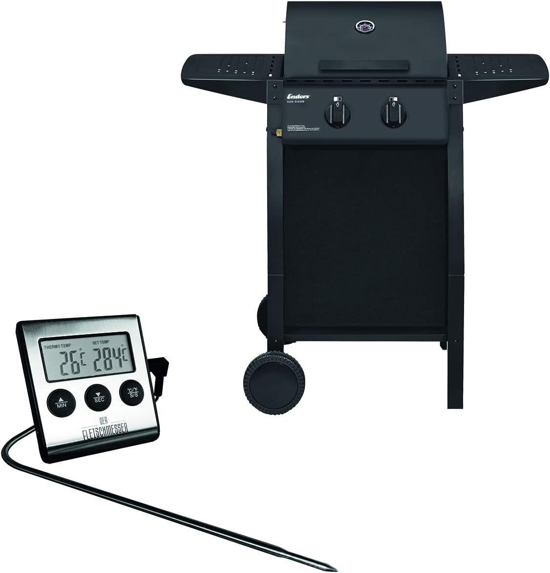 MH-Online Enders Gasgrill SAN Diego 2 - BBQ - Bundle mit extra Fleischthermometer - 2 Edelstahl-Brenner stufenlos, Gas Grill mit Grillwagen, Grillhaube, Seitenablagen, Schwarz