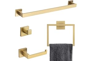 TQKAG Brushed Gold Bathroom Towel Bar Sets Premium Stainless Steel 4-Piece Bathroom Hardware Set Wall Mounted Square Bathroom Accessories Kit
