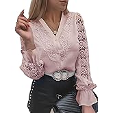 Sewius Women's Women's Dressy Lace V Neck Blouse Button Down Long Sleeve Elegant Shirt Top