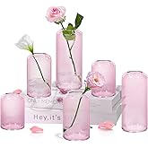 ZENS Bud Vases Set of 6, Pink Clear Small Glass Vase for Flowers. Modern Hand Blown Cylinder Glass Vase for Wedding Reception Centerpieces Living Room Decorative.