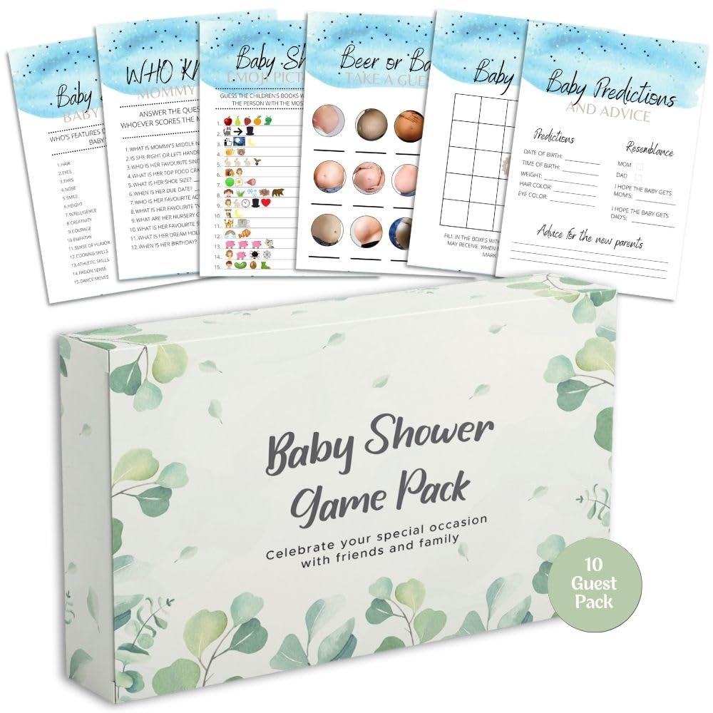 Baby Shower Games - 6 Game Bundle - Eucalyptus, Jungle, Safari, Baby Boy, Baby Girl - 10 Guests Pack (Baby Boy)