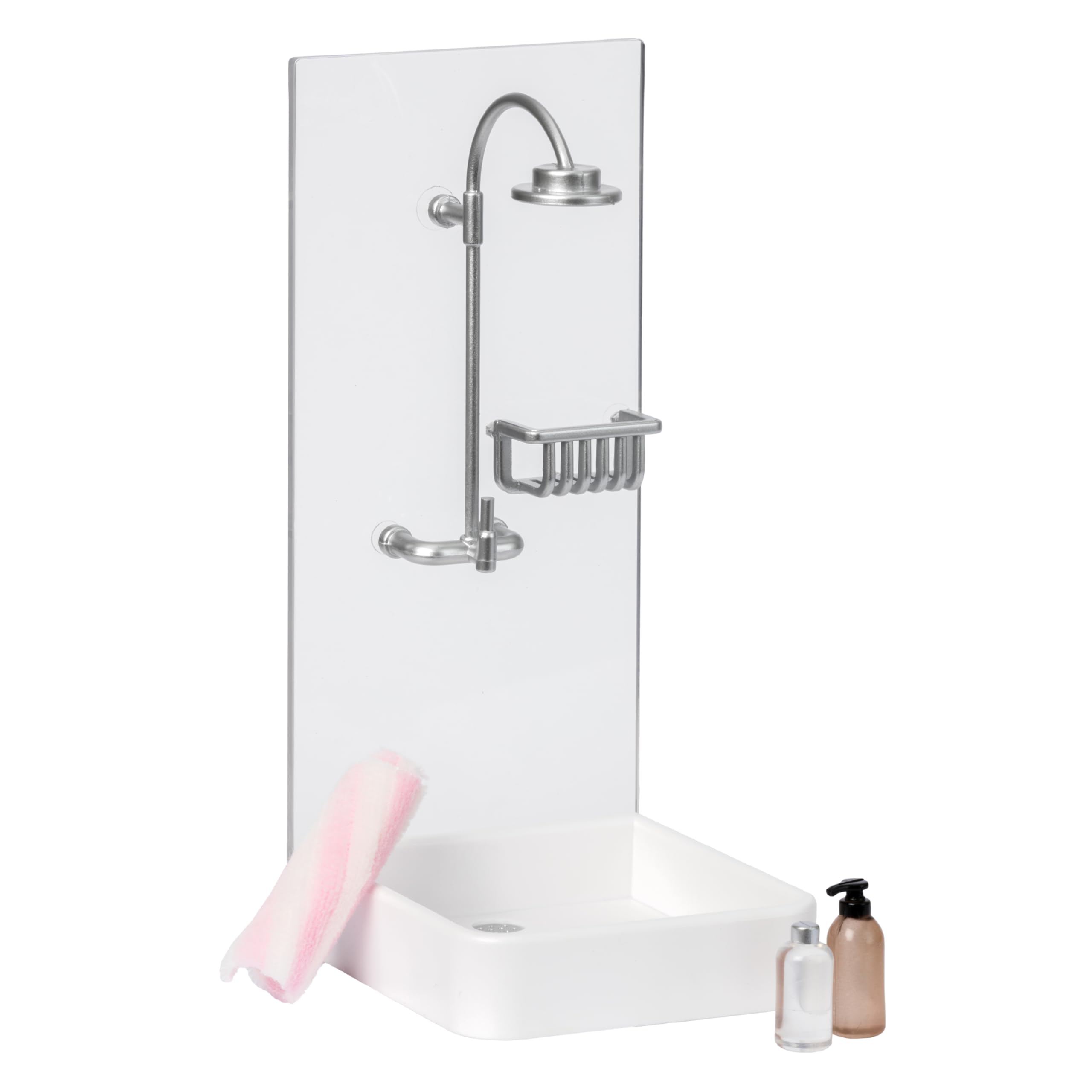 LUNDBY Dolls House Furniture Bathroom Set – Shower Cubicle + Towel + Shampoo + Soap – Doll House Accessories – 4-piece set for 11cm Mini Dolls – Age 4+ 1:18