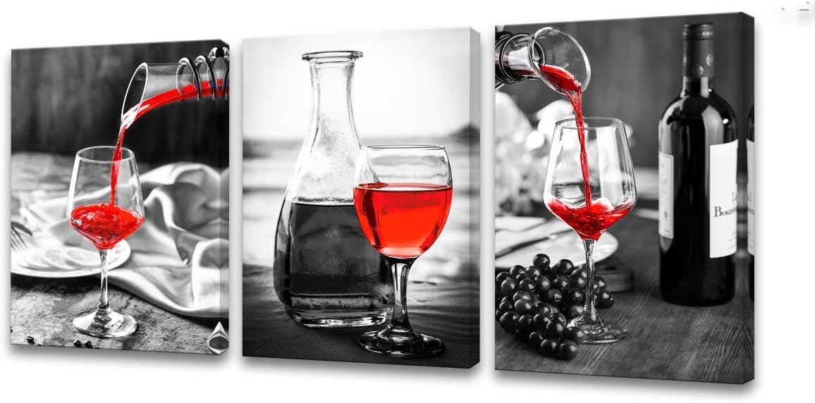 Muolunna Wall Art Black and White Painting Red Wine Cups Pictures Print 3 Pieces Canvas Wine Glass for Bedroom Living Room Office Dining Room Wall Decor Home Decoration Framed Ready to Hang
