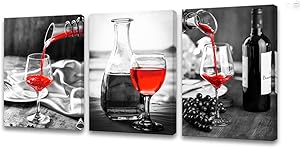 Muolunna Wall Art Black and White Painting Red Wine Cups Pictures Print 3 Pieces Canvas Wine Glass for Bedroom Living Room Office Dining Room Wall Decor Home Decoration Framed Ready to Hang