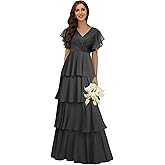 homdor Tiered Ruffles Bridesmaid Dresses for Women 2026 V Neck Chiffon Formal Evening Dresses with Sleeves