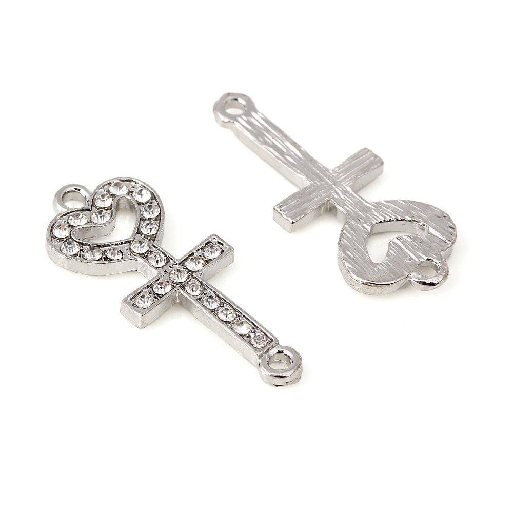 RUBYCA 5pcs Metal Cross Key Sideways Connector Beads Crystal DIY Jewelry Bracelet Silver Tone