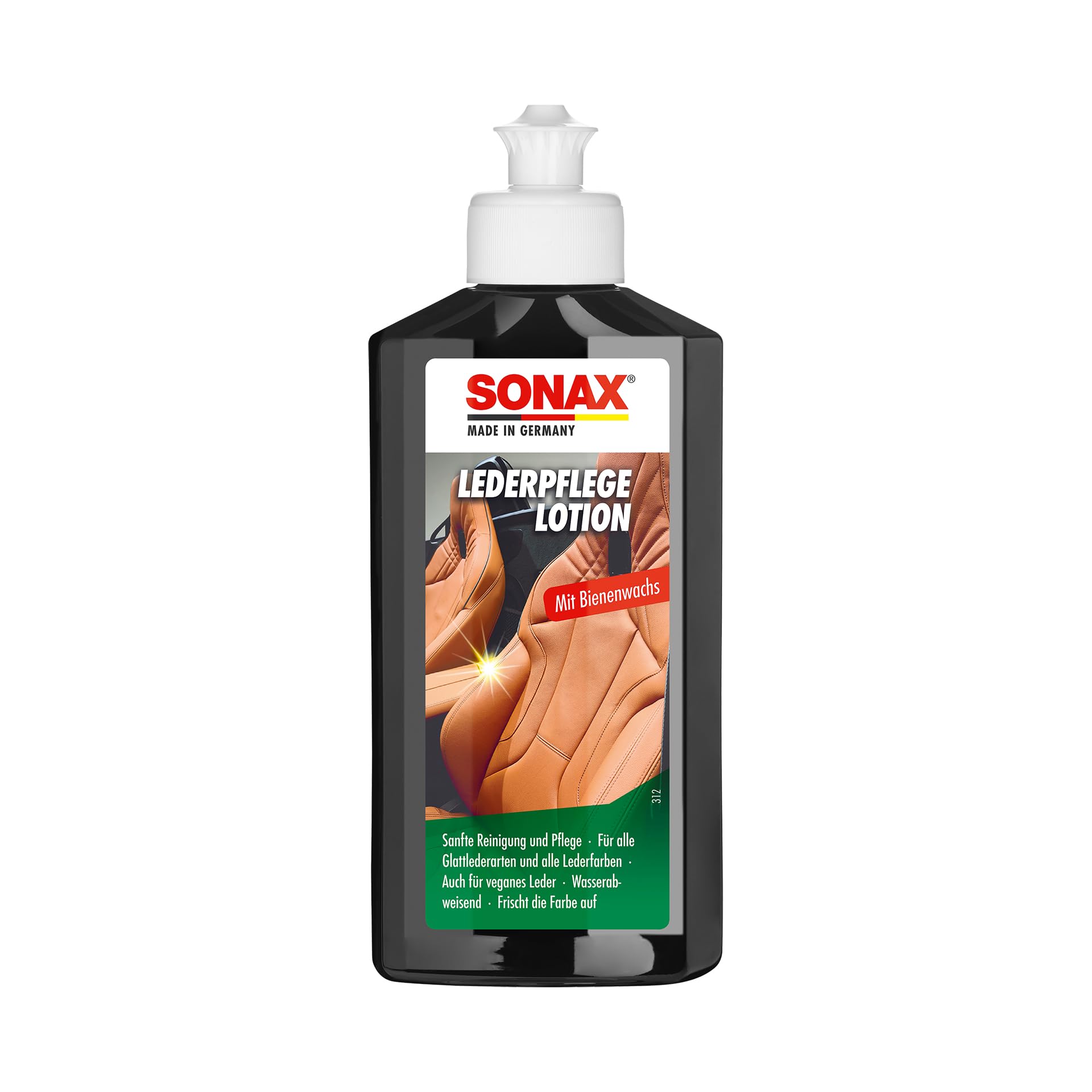SONAX LEATHER CARE (250 ml) - Gently cleans and maintains all types of smooth leather and all colours. Water-repellent. Restores colours. | Item-No. 02911410-544