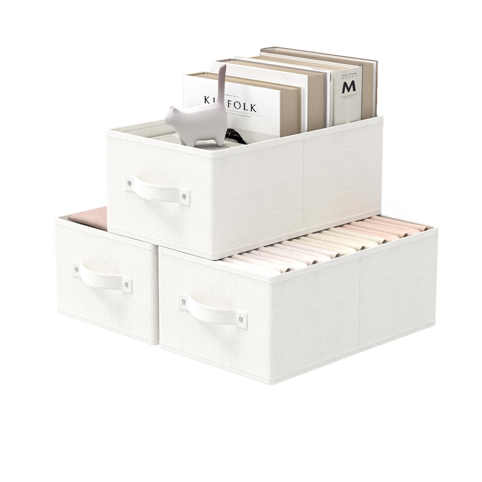 Photo 1 of *MINOR DAMAGE - USED*
GUOHNHE Storage Bins, 3 Pack Foldable Cloth Basket, Cube Organizer with 2 Handles, Suitable for bedrooms, living rooms, wardrobes, and workspaces, White & Ivory, 13 x 9.1 x 5.5 In, XSNY11WS-3