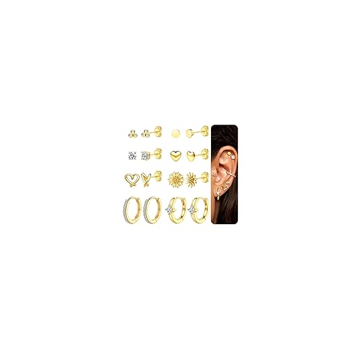 JeweBella 8 Pairs Earrings Set for Women 14K Gold Plated Round Heart Cubic Zirconia Studs Hoop Earrings Stack Set Hypoallergenic Helix Tragus Cartilage Piercings