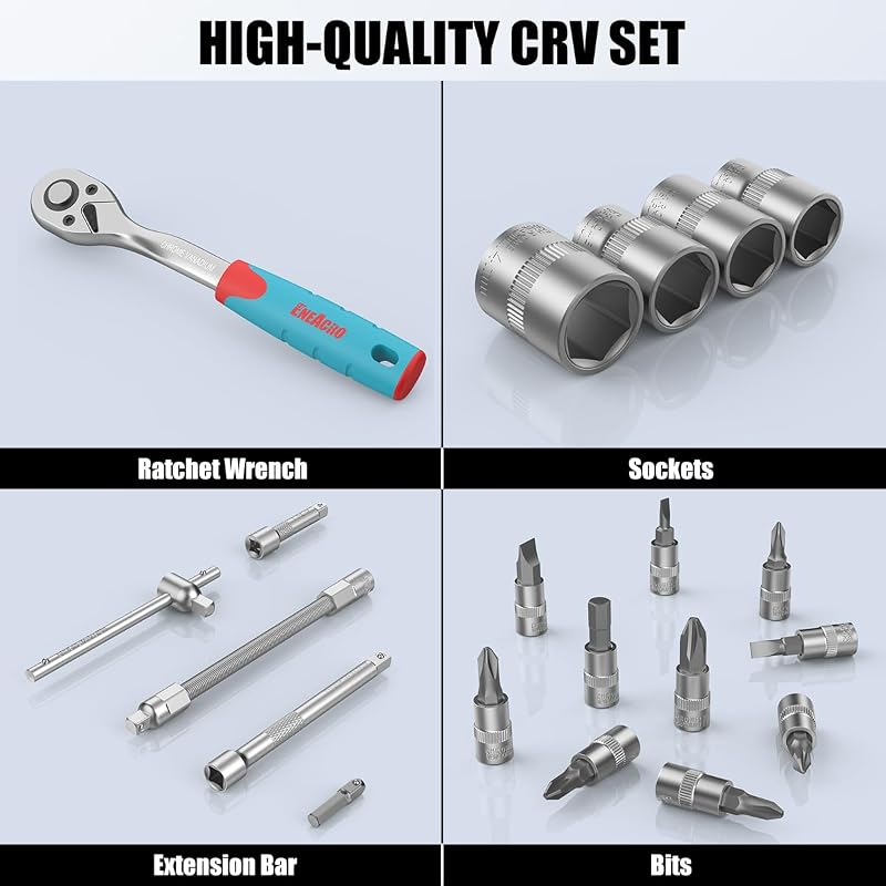 Steckschlüsselsatz 46-teilig Ratschenkasten, Werkzeugkoffer mit 1/4" Umschaltknarre, Stecknüsse，Verlängerungen, Bits, Chrom-Vanadium-Stahl, inkl. Koffer