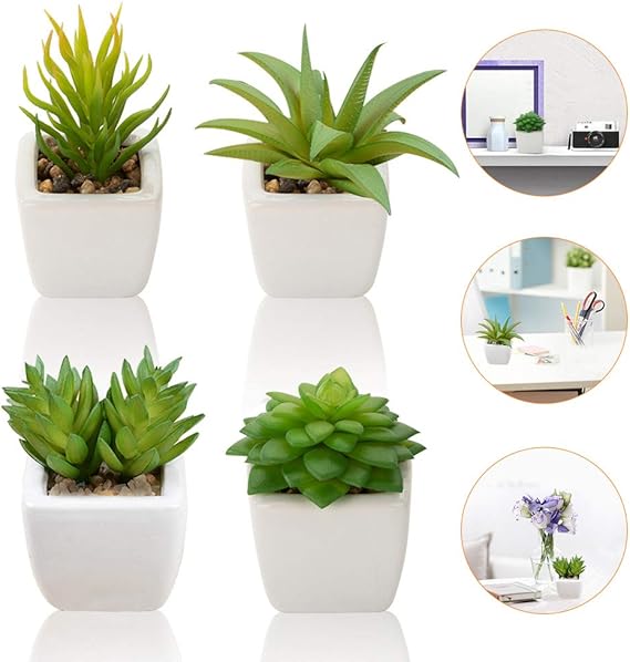 Artificial Succulent Plants, Set of 4 Small Fake Plants Mini Potted
